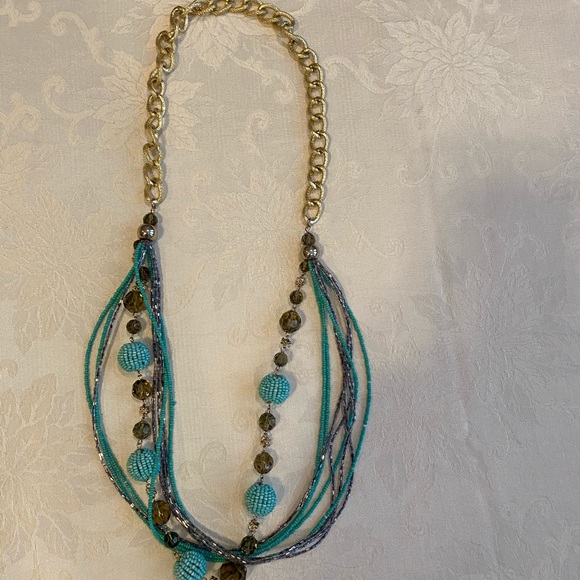 Turquoise and Gold Colored Beaded Necklace - Picture 5 of 9